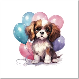 Cavalier King Charles Spaniel Dog Holding Balloons Posters and Art